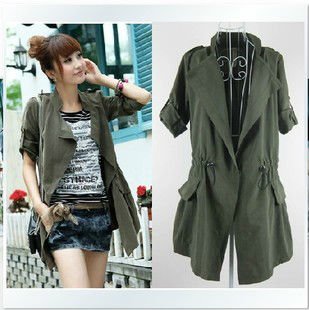 2012 New Fashion Women's Slim Fit Coat Casual jacket long Outwear blue, army green free shipping  LJ022