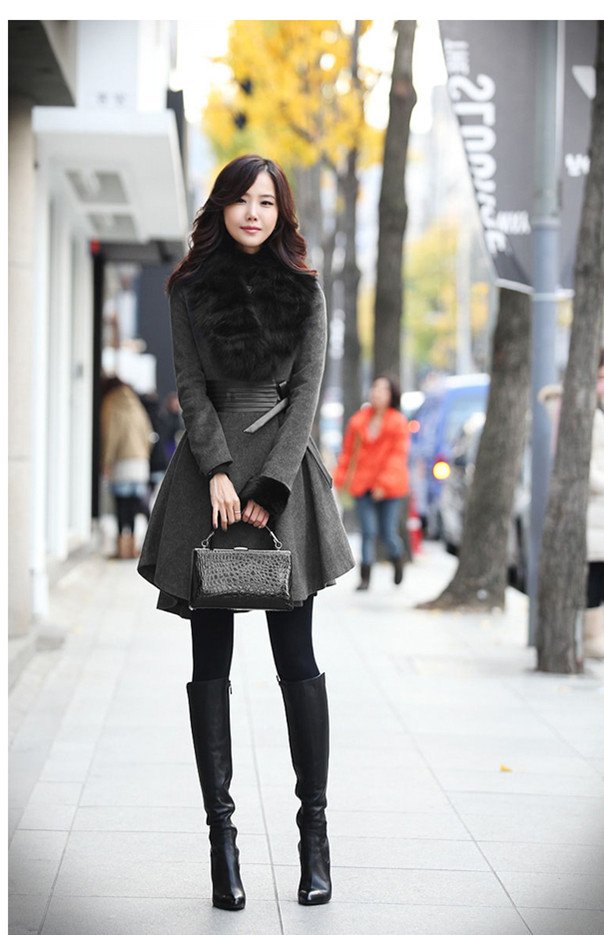 2012 New Fashion Women winter coat with fur collar thickening velvet lining Wool Trench Long Outwear /black jacket S-XL  D07