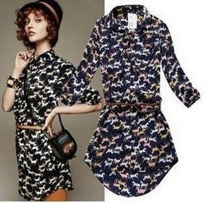 2012 new fashion womens' chiffon Long Sleeve little house print long Shirt casual modern cozy lady blouse whole sale