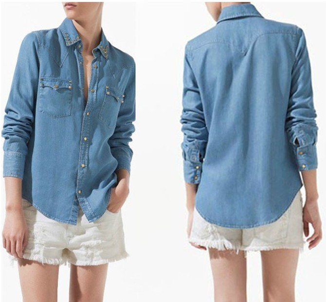 2012 new fashion Womens' Classic denim long sleeve  Shirt Casual cozy Blouse size S M L  Whole sale free shipping