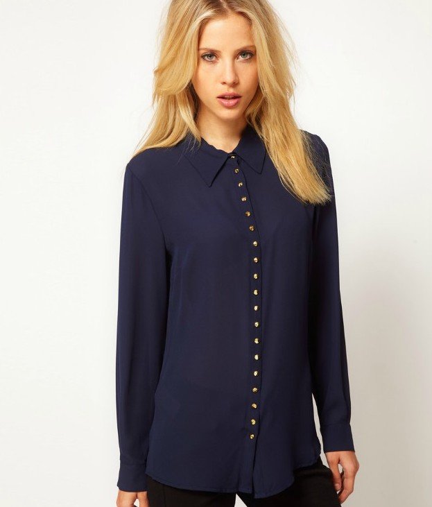 2012 New fashion womens' elegant Rivet button sexy blouse see through tops long sleeve casual t shirt slim transparent