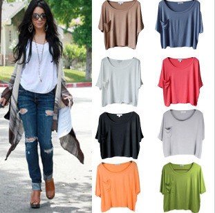 2012 new fashion womens'  Model loose Short Sleeve with Pockets T- Shirt casual blouse free size 5 colors, 5 pcs a lot