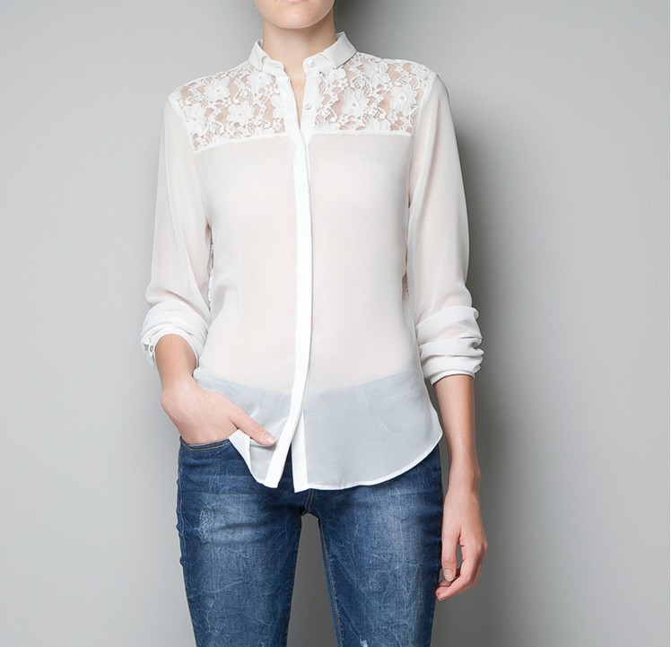 2012 new fashion womens' sexy White back Lace Chiffion Blouse Shirt casual cozy elegant tops gorgeous long sleeve brand design