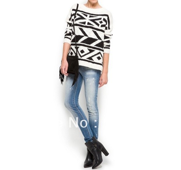 2012 New Fashion Womens' vantage basic black&white Geometric print pullover Casual simple elegant knitwear quality knitting