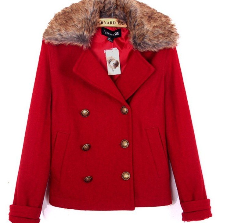 2012 New fashion womens' woolen Vintage Faux Fur collar double Breasted jacket coat trench slim casual elegant