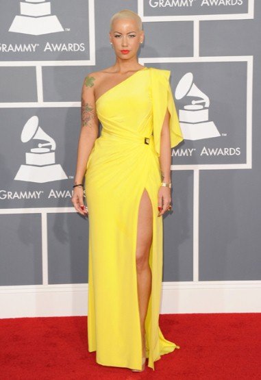 2012 New Fashion Yellow Chiffon One Shoulder with Sleeve Pleat Celebrity Dress with Front Slit By Amber Rose in Grammy Awards
