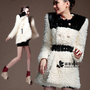 2012 new Faux fur long design outerwear, faux fur fashion black and white patchwork lady jacket.fur clothing