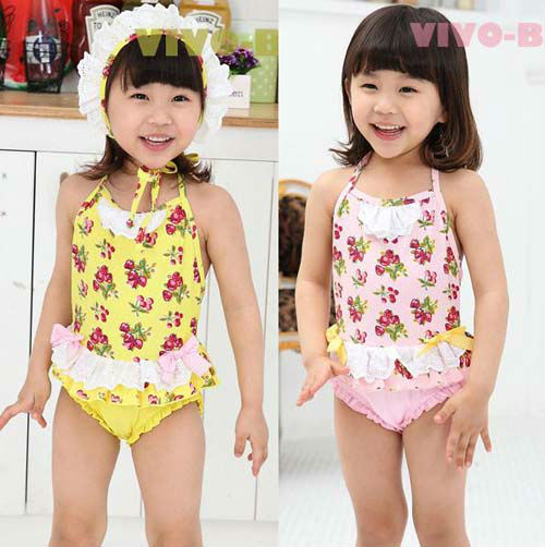2012 NEW!! Free shipping child girls swimwear one piece cherry stylish kid ruffle swimsuit baby bathing suit 5pcs/lot