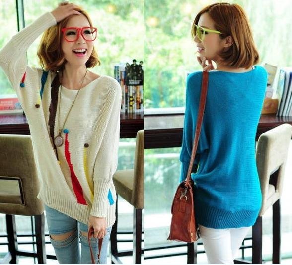 2012 NEW Free shipping Korean style loose batwing-sleeved colorful large women sweaters pullovers Black/Blue/Beige