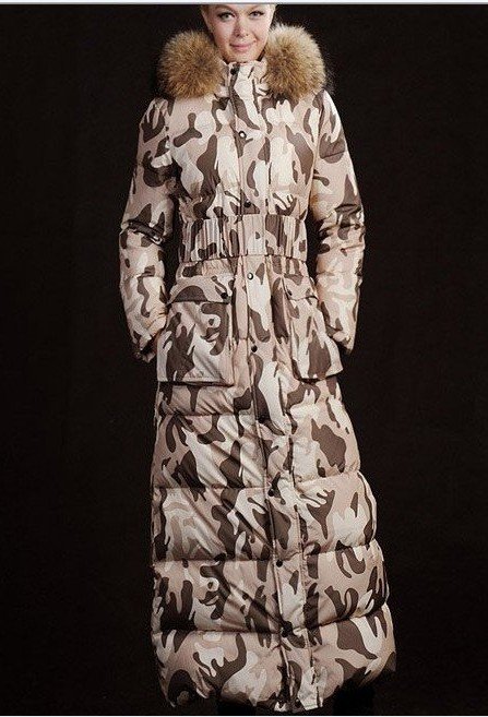 2012 new Free Shipping Large Real Fur Collar Women's Long Down Coat Camouflage Women Coats Thicken Winter Coat Wholesale Retail