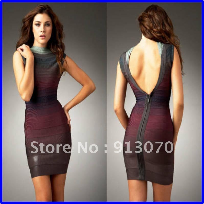 2012 New !!! Free Shipping Sexy Sheath Round Collor Deep V-Neck Back Elastic Bandage Gradient Evening Dress A-0760