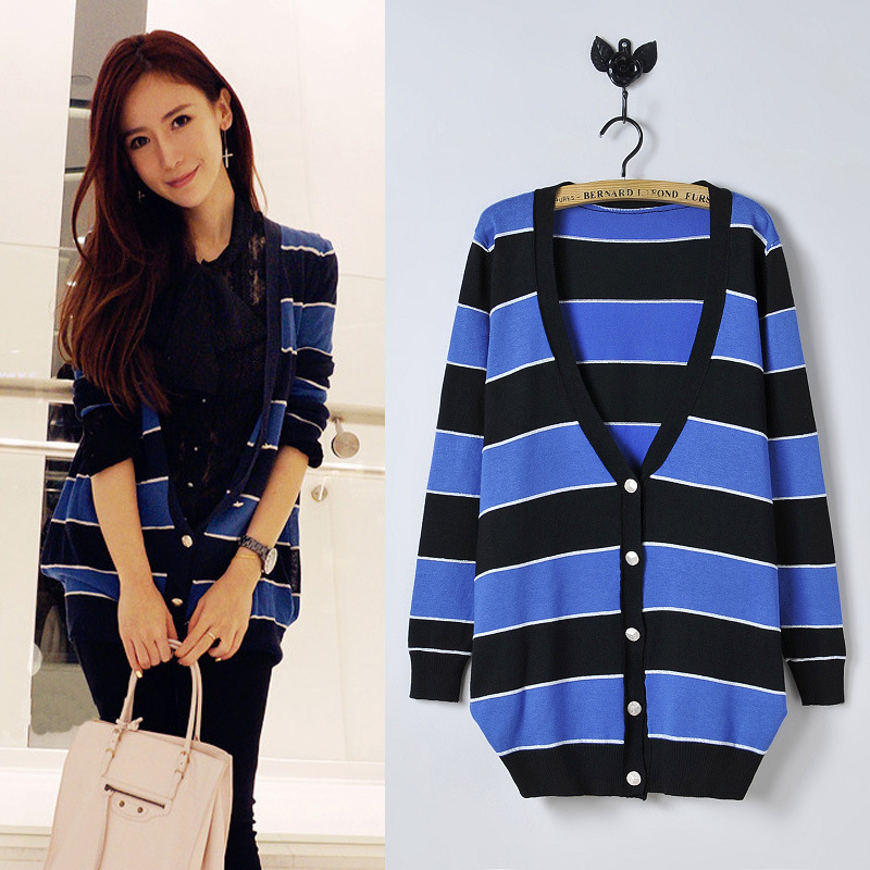 2012 new Free shipping striped loose women cardigans casual sweater Blue quality promised