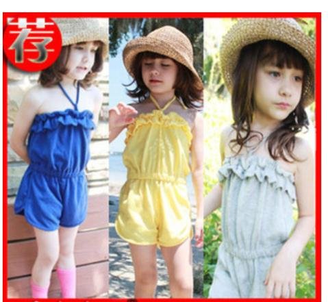 2012 NEW girl halter top romper girl summer one-piece clothing set strap shirts strap pants 3 colors 5 sizes