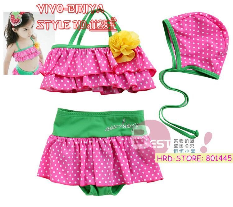 2012 New Girl Pink Dot Split Swimsuit Fational three pcs set including swim cap Gift for your girl 3~7T Retail Free Shipping