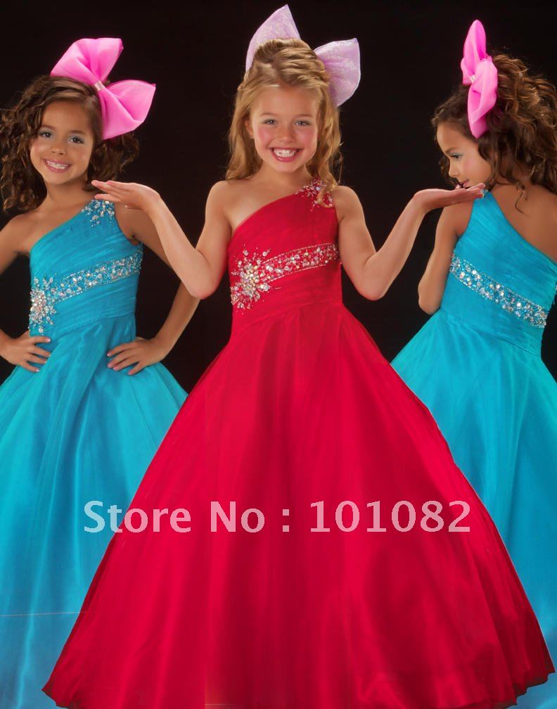 2012 New Hot Cheap One-shoulder Beading Flower Girl Dress Little Girls Pageant Dress Party Dress