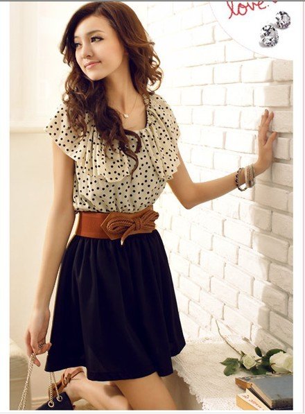 2012 New Hot Japan/Korean Ladies fashion sweet dotted chiffon top cotton skirt Women elegant sexy casual charming dress X1841