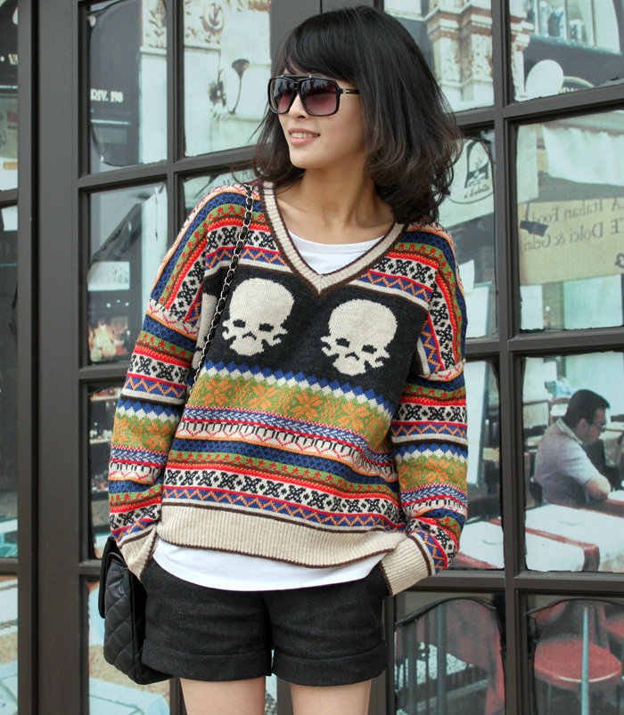 2012 New,Hot,Korean Style,women fashion sweet colorful striped V-neck skull knitted cardigan sweater,ladies pullover,x2306