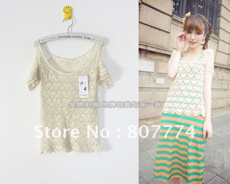 2012 New Hot sale Crocheted Off shoulder Top Hollow out Lace Short Sleeve Pullover
