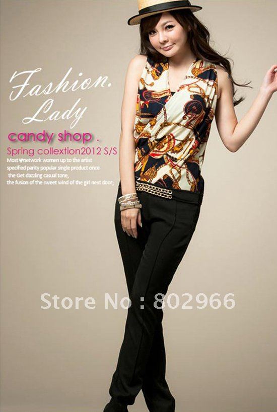 2012 new hot sale free shipping sweet women summer print chiffon long jumpsuit ST137 yellow/red