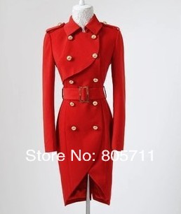 2012 New Hot Sale Solid Color Red Double Breasted  Trench Fashion Women's Outwear Long Style Slim Fit With Sashes Good Quality
