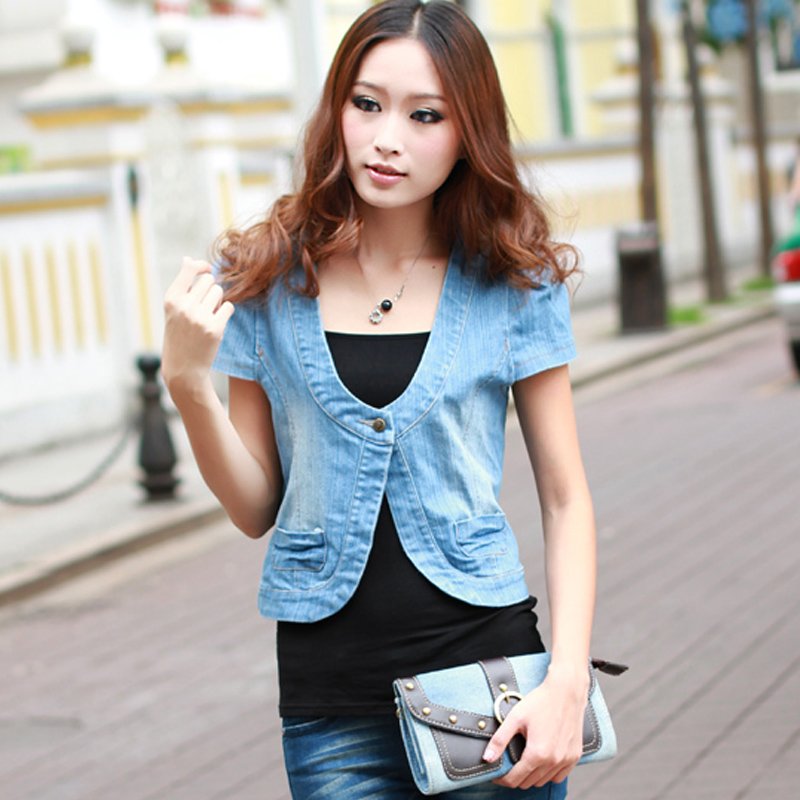 2012 new,Hot sale,women fashion short jeans coat/shrug,ladies elegant one button denim jackets outwear free shipping,M,L X2294