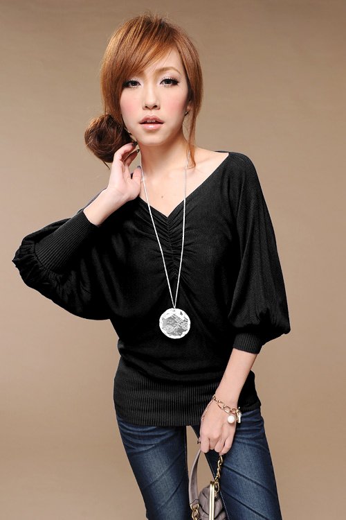 2012 New Korea Hot V-neck chest folds pullover bat sleeves moldbaby ice cotton sweater pure color women cardigan Free Shipping