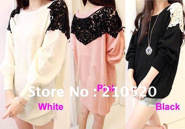 2012 New Korea Style Black/Pink/White Fashion Women's Long Sleeve Loose Back Lace Cute Knitwear Sweater Free Shipping