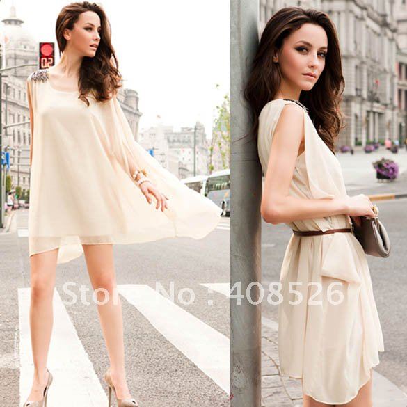 2012 New Korea Women's Sleeveless Bead Chiffon Casual Mini Dress Summer Sundress free shipping 3980