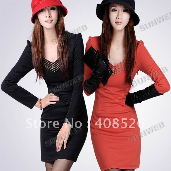 2012 New korea Women's Slim long sleeves Vogue OL slim V-Neck Dress FREE SHiPPING Black , Red 3442