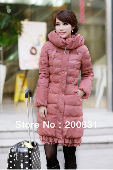 2012 New Korean Authentic Fashion Lace Down Jacket for Women Long Slim Down Jacket Free Shipping