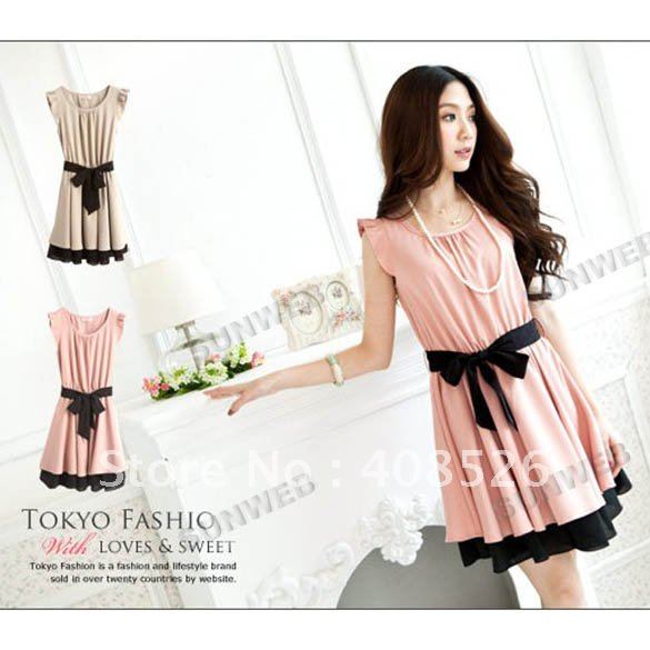 2012 New Korean Fashion Women's Lotus Leaf Round Neck Full Skirt Mini Dress free shipping 3824
