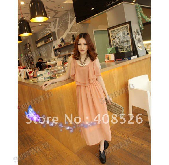 2012 New Korean Fashion Women's Polka Dot Ruffle Falbala Chiffon Sleeveless Long DressTank free shipping 5389
