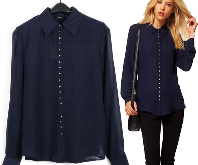 2012 new Ladies'  fashion blouse women's long sleeve autumn spring chiffon shirts with rivet asos brand free shipping