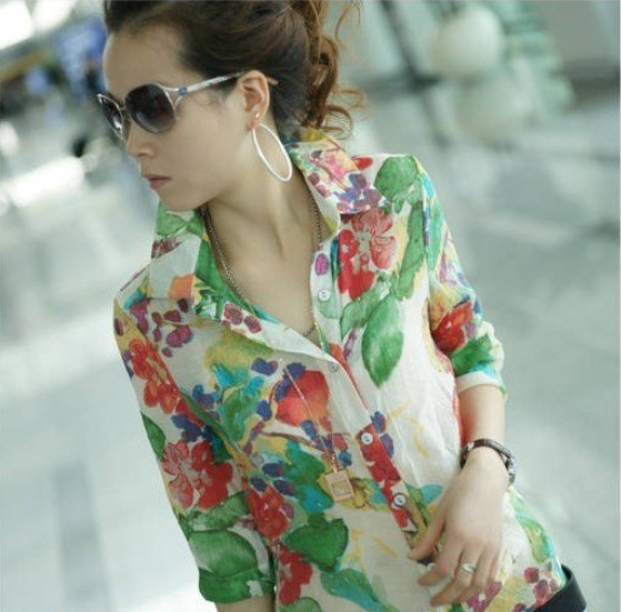 2012 NEW  long sleeve casual chiffon flowers print women  shirt  free shipping