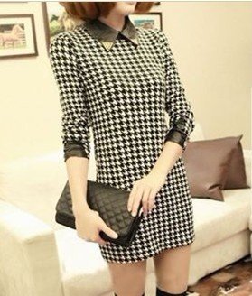 2012 new Patchwork Leather Slim stretch sleeved dress Lapel Plover