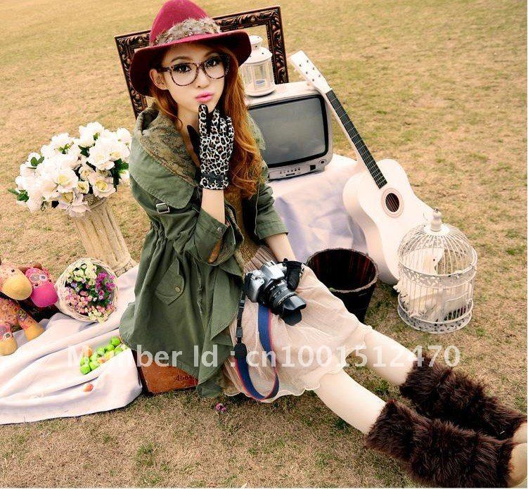 2012 new Qiu dong coat lace ruffles show thin army green paragraph dust coat grows in female coat ,Free transportation