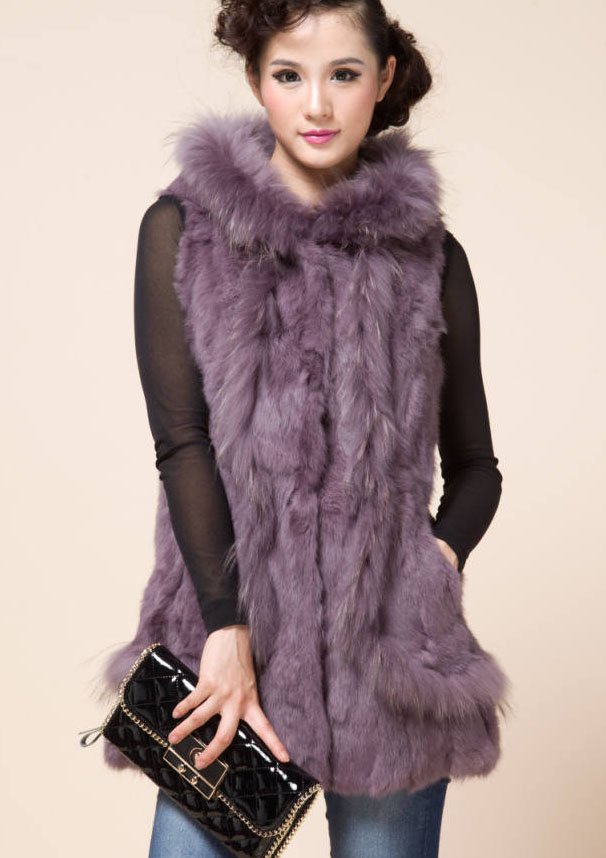 2012 new real rabbit  fur vest with raccoon fur hooded women's long fur coat/Free shipping to EMS/ Wholesale/ retail TF0167