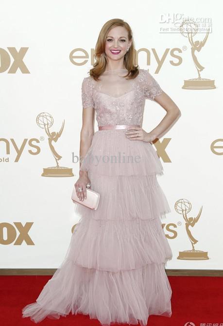 2012 New Sexy Pink Evening Dresses Sweetheart Long Sleeves Applique Lace Celebrity DressesJayma Mays