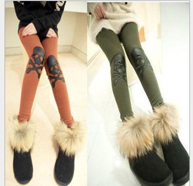 2012 NEW ! Skull Cotton  + leather Leggings/ Trousers / Pants Free shipping 4 Color DWR02