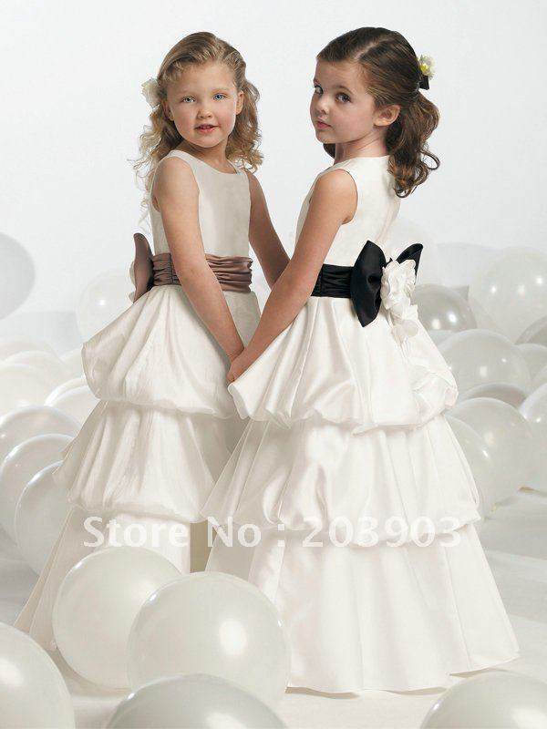 2012 New Sleeveless Floor Length Bow Sash Ruffle Taffeta Flower Girl Dress F027