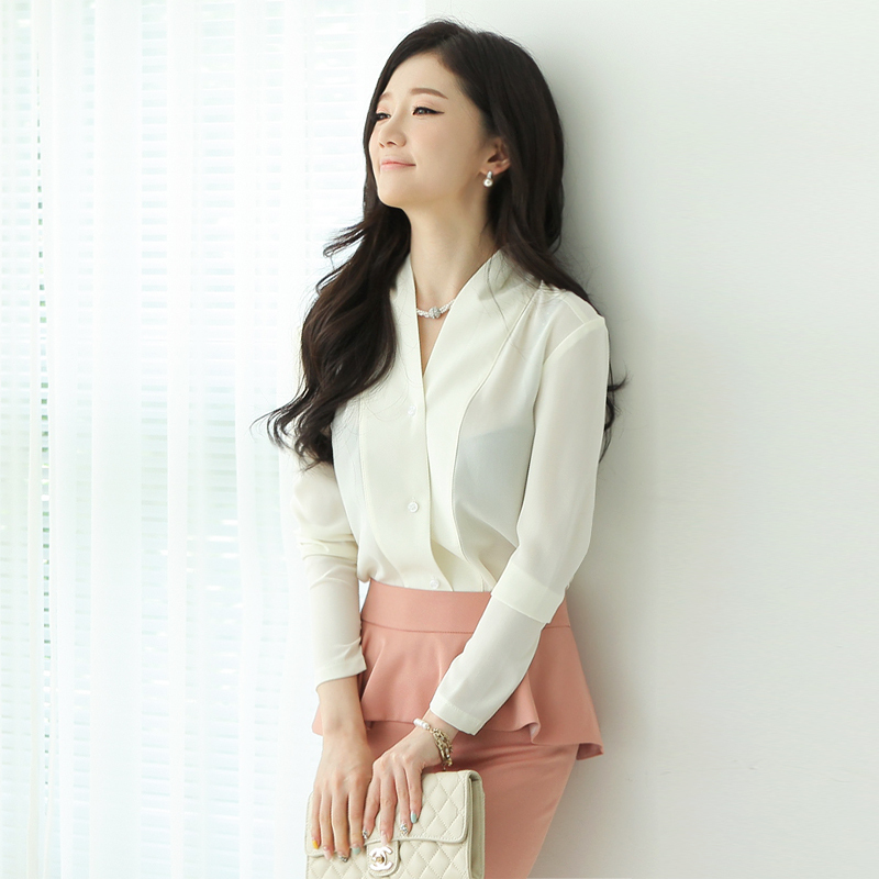 2012 New Style Elegant Fashion Autumn Chiffon Long-sleeve Shirt Office Lady OL V-neck Blouses Free Shipping