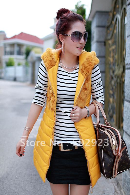 2012 New style fashion Rabbit fur PU leather splicing Candy color Increase size women Vest Coat middle long design Vest