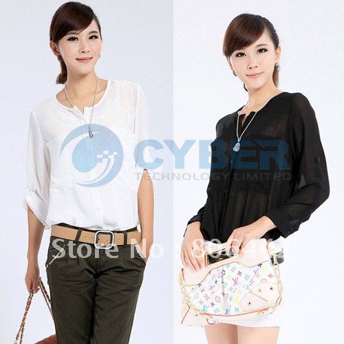2012 New Style Ladies' Long Sleeve Fashion shirt ,elegant chiffon blouse With Pockets Free Shipping