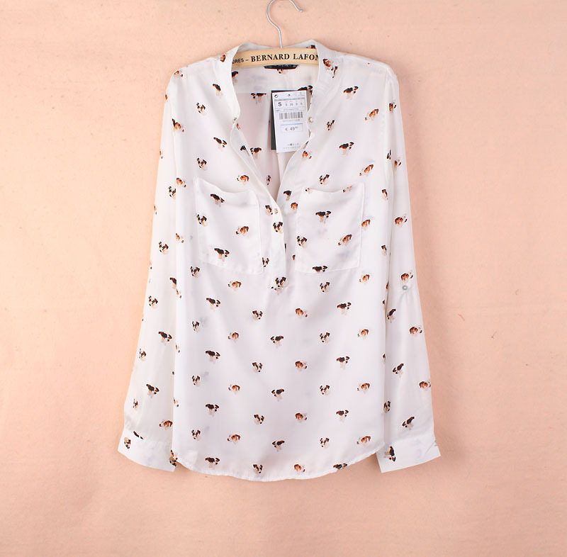 2012 NEW, @ style lovely dog printed chiffon long sleeve women's blouse