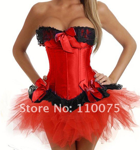 2012 NEW STYLE--Lowest Price--3 Color Sexy Red Boned Overbust Waist Cincher Corset Bustier With Red Tutu Skirt Lingerie G-string