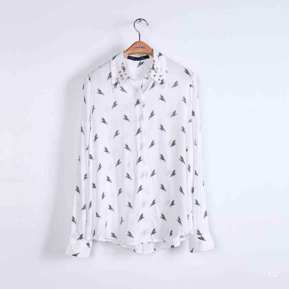 2012 NEW, @ style unique parrot printed collar beaded chiffon long sleeve women's blouse