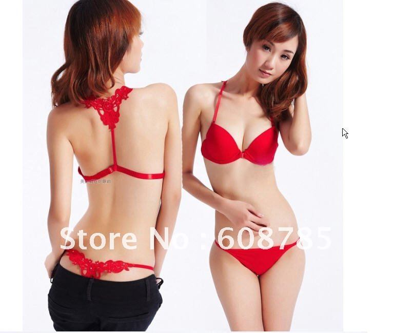 2012 new Summer embroidery hollow beauty back solid color brief sets Front clasp sexy bra free shipping B0026
