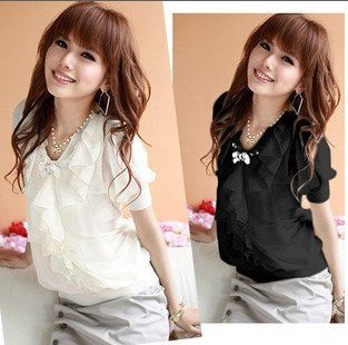 2012 new summer Korean Women Slim chiffon blouse OL temperament short-sleeved chiffon shirt black white Free shipping