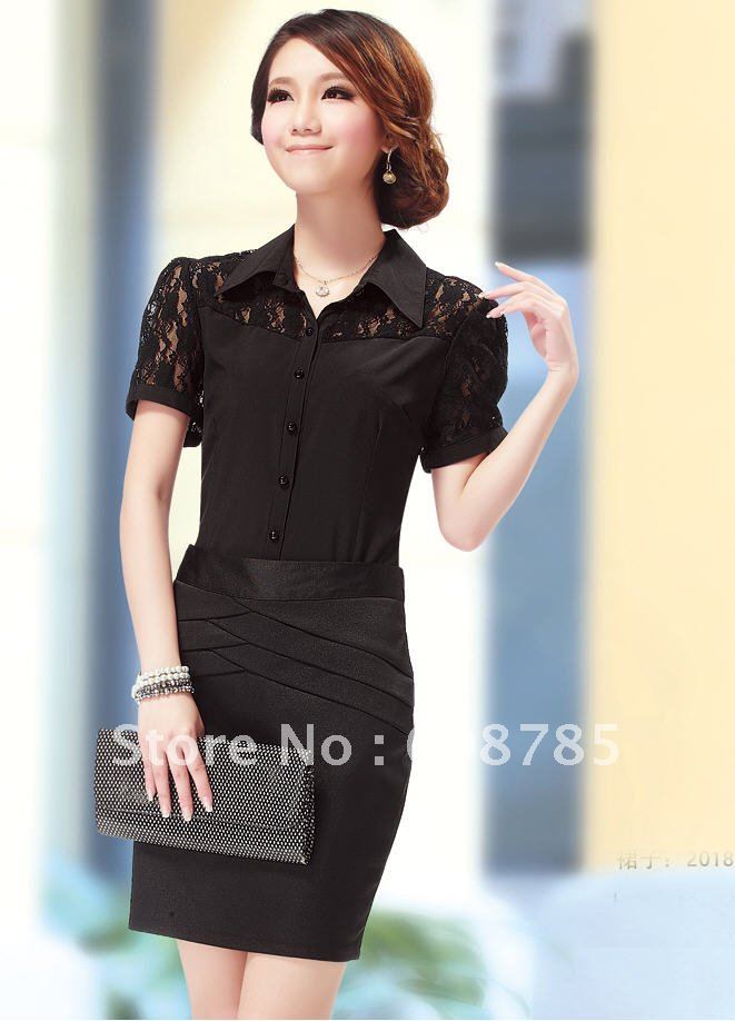 2012 new summer lace short-sleeve lace chiffon shirt female Slim-type blouse work wear free shipping B0106