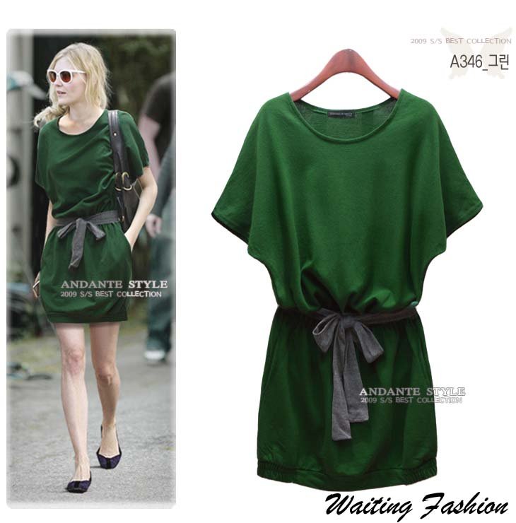 2012 New Summer Plus Size Short Sleeve Dress With Belt/ Casual Cotton Green Dress Size XL XXL XXXL Drop Shipping